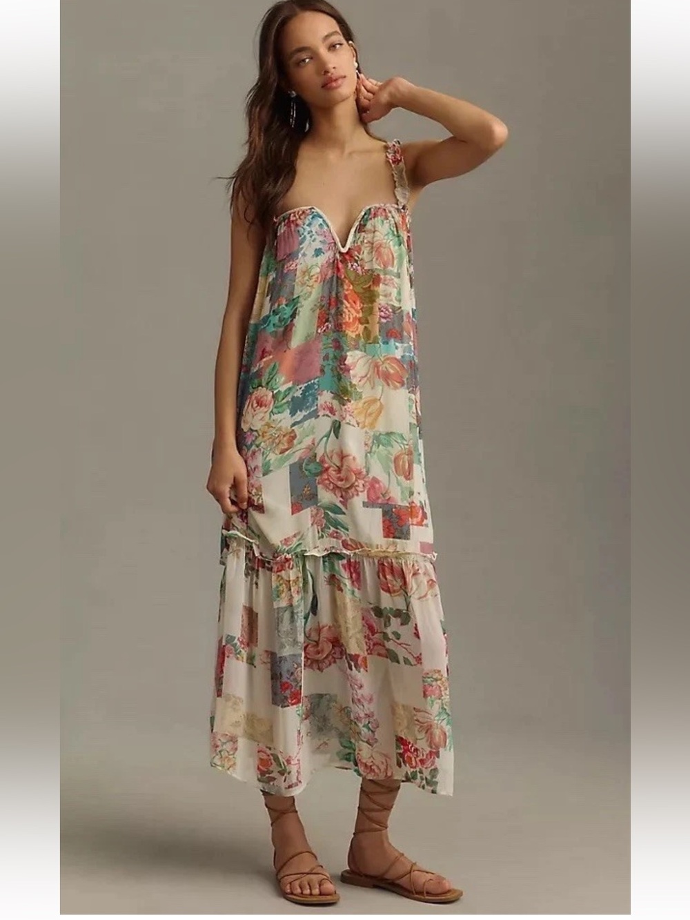 NWT Anthropologie Chiffon Shift Midi Dress S Floral Patchwork Boho Cottagecore